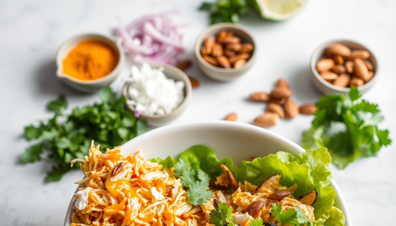 A beautifully lit, close-up image of a customizable curry chicken salad. In the foreground, a white ceramic bowl filled with a vibrant mix of shredded chicken, bright orange curry dressing, and crisp green lettuce leaves. Beside the bowl, an array of garnishes and mix-ins - toasted coconut flakes, chopped cilantro, sliced red onions, toasted almonds, and a squeeze of fresh lime. The middle ground showcases delicate curry spices and fresh herbs in small ramekins, inviting the viewer to personalize the salad to their taste. The background features a clean, neutral surface, allowing the colorful salad components to take center stage, captured with a shallow depth of field for a dreamlike, appetizing aesthetic.