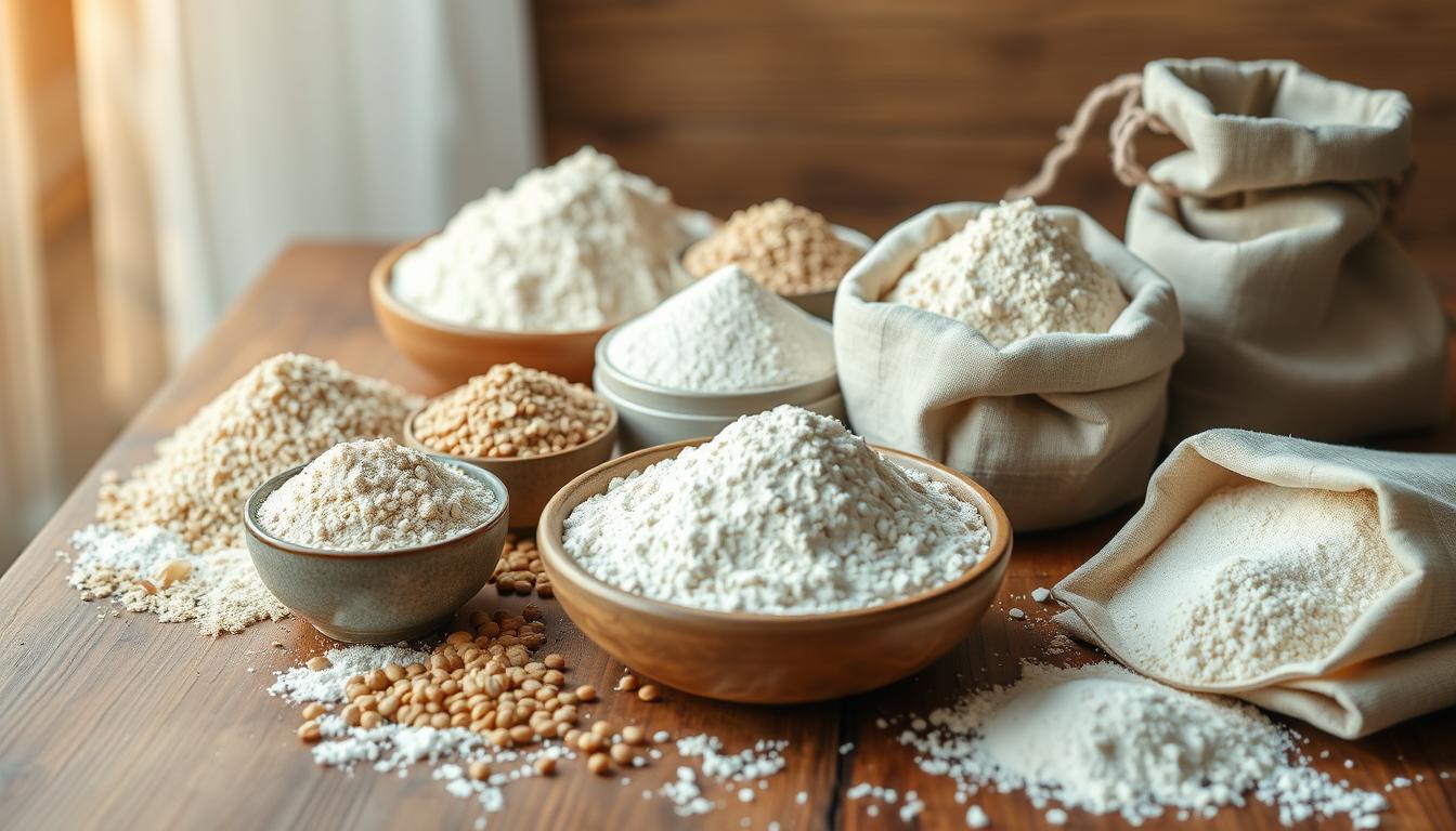 a high-resolution, photorealistic image of an assortment of alternative gluten-free flours, including amaranth, buckwheat, chickpea, coconut, and quinoa flours, arranged on a rustic wooden table with natural lighting from the side and a soft, warm color palette. The flours are presented in small bowls or cloth bags, with some scattered on the table, creating a visually appealing and informative composition that highlights the diverse range of gluten-free flour options available for healthier baking.