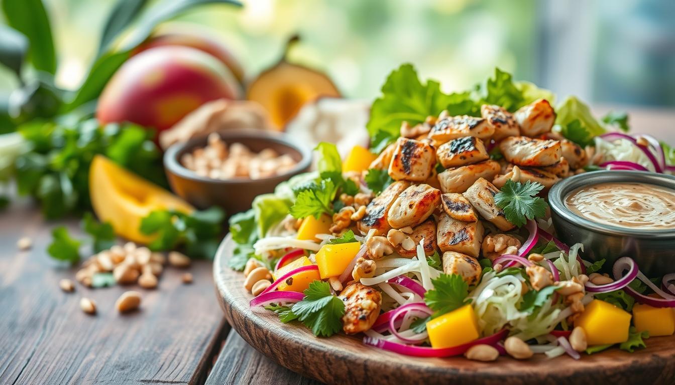 A lush, vibrant Thai-inspired chicken salad composition on a rustic wooden table. In the foreground, a colorful platter showcasing various salad ingredients - juicy grilled chicken, crunchy romaine lettuce, shredded cabbage, sliced mangoes, chopped peanuts, and fresh herbs like cilantro and mint. In the middle ground, additional elements such as toasted coconut flakes, slivered red onions, and a creamy peanut dressing in a small bowl. The background features an airy, natural light setting, with a hint of greenery and a subtle warm-toned ambiance, evoking the flavors of Southeast Asia. The overall scene is visually appetizing, with a balance of textures and colors that showcase the versatility of this Thai-inspired chicken salad.