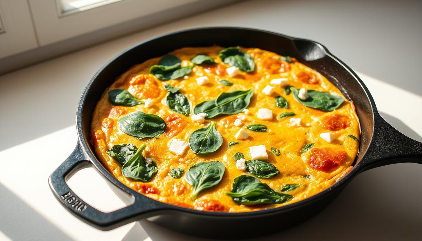 A savory spinach and feta frittata, freshly baked in a cast-iron skillet. The golden-brown surface is adorned with vibrant green spinach leaves and flecks of creamy feta cheese. The frittata is set against a clean, bright background, illuminated by natural light streaming in from a window, casting a warm, inviting glow. The scene is photographed from a high angle, showcasing the perfectly fluffy, evenly cooked texture of the frittata. The overall composition is simple and minimalist, allowing the delicious, homemade dish to take center stage.
