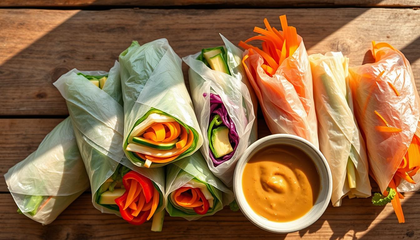Vibrant detox rainbow-colored vegetable roll-ups with peanut sauce, arranged on a rustic wooden table. Close-up overhead view, natural lighting from a large window creates soft shadows. Crisp, fresh vegetables - carrots, bell peppers, zucchini, avocado - tightly wrapped in translucent rice paper. Smooth, creamy peanut sauce in a small ceramic bowl, drizzled over the rolls. Earthy tones, healthy and balanced composition, showcasing the vibrant colors and textures of the ingredients.