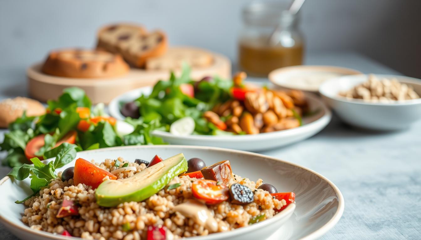 A beautifully lit and balanced gluten-free meal, captured in a warm, inviting photograph. In the foreground, a plate featuring a hearty quinoa bowl with roasted vegetables, avocado, and a drizzle of tahini dressing. The middle ground showcases a fresh green salad with a vibrant vinaigrette, while the background features a selection of gluten-free breads, nuts, and seeds, creating a sense of wholesome abundance. The lighting is soft and natural, highlighting the vibrant colors and textures of the dishes. The overall composition and mood evoke a sense of nourishment, simplicity, and culinary delight.