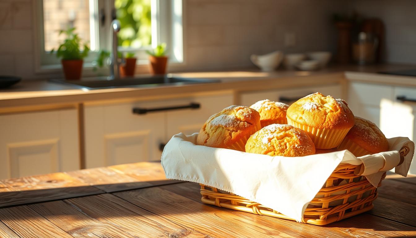 A basket of freshly baked, golden-brown gluten-free muffins sits on a rustic wooden table, steam rising from their soft, tender crumbs. The muffins are arranged in a neat display, their tops dusted with a light sprinkling of powdered sugar. The scene is bathed in warm, natural lighting, casting gentle shadows and highlighting the delicate texture of the muffins. In the background, a simple, minimalist kitchen setting with clean, white countertops and a few potted herbs on the windowsill creates a cozy, inviting atmosphere. The overall impression is one of homemade, effortless deliciousness and the comforting aroma of freshly baked goods.