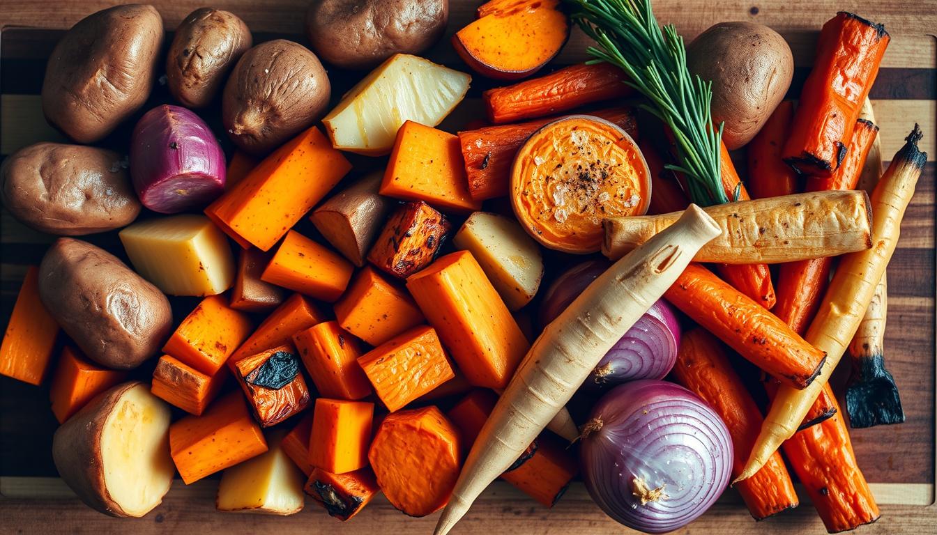 A bountiful arrangement of freshly roasted root vegetables, including russet potatoes, sweet potatoes, carrots, parsnips, and red onions, artfully displayed on a wooden cutting board. The vegetables are lightly seasoned with sea salt, black pepper, and a drizzle of fragrant olive oil, their surfaces caramelized to a golden brown. Warm, natural lighting casts a cozy glow, highlighting the earthy tones and textural contrast of the ingredients. The composition is balanced, with the vibrant colors and irregular shapes of the vegetables creating an inviting, rustic aesthetic that would pair perfectly with the &quot;Creative Gluten-Free Uses for Seasonal Root Vegetables&quot; section of the article.