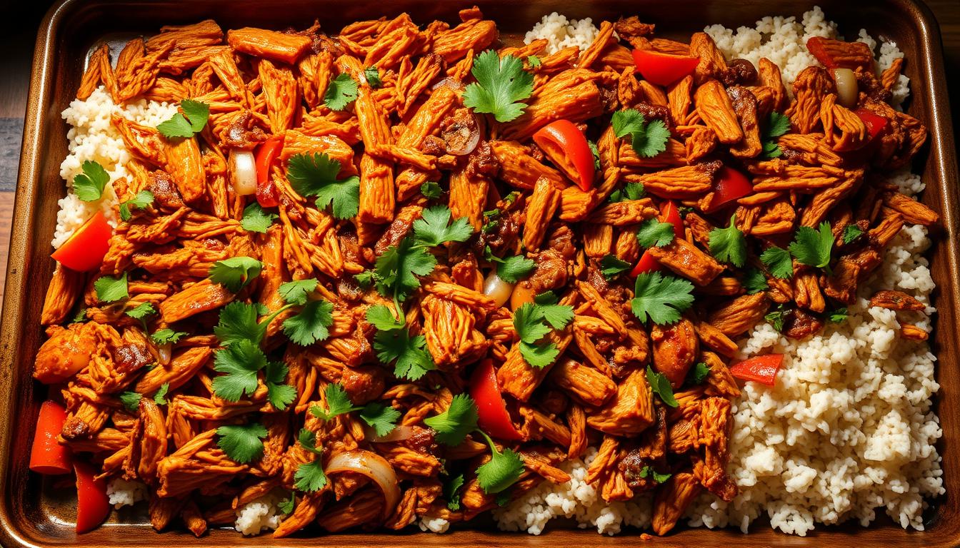 A perfectly arranged sheet pan displays a mouthwatering medley of shredded chicken tinga, simmered in a smoky, spicy tomato-chipotle sauce. Crisp-tender vegetables - vibrant bell peppers, onions, and piles of fresh cilantro - surround the succulent chicken. Soft, aromatic rice nests in the corners, ready to soak up the flavorful juices. Warm, earthy tones and dramatic side lighting create an inviting, rustic ambiance, showcasing the delectable textures and colors of this hearty, delicious chicken tinga bowl.