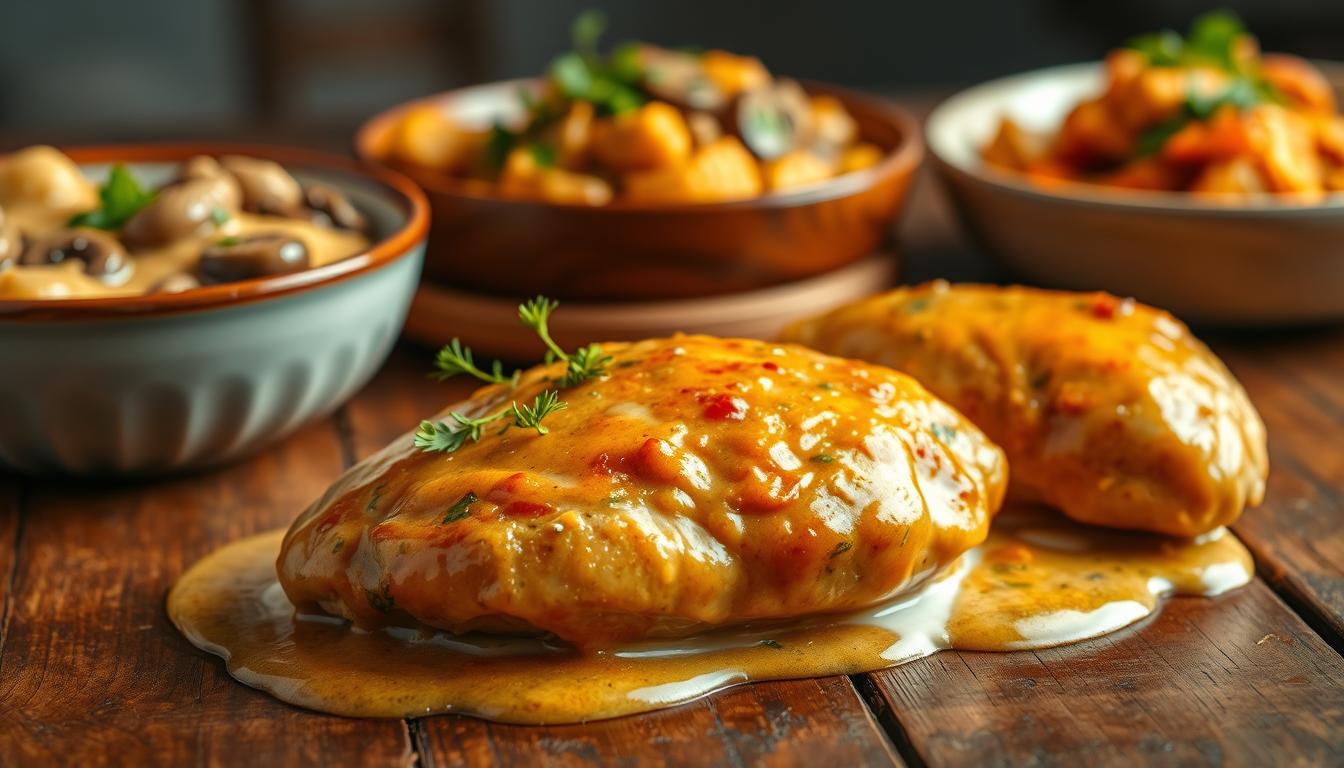 Creamy chicken variations on a rustic wooden table, with soft lighting and a shallow depth of field. In the foreground, a succulent chicken breast coated in a rich, velvety sauce, garnished with fresh herbs. In the middle ground, a bowl of creamy mushroom chicken, the sauce glistening. In the background, a classic butter chicken with fragrant spices and vibrant colors. The overall mood is warm, inviting, and comforting, evoking the feeling of a homemade family meal.