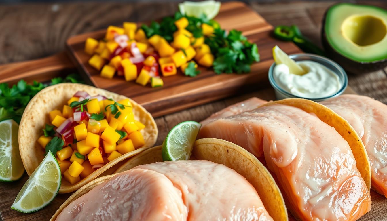A vibrant still life showcasing the key ingredients for delectable salmon tacos with a mango corn salsa. In the foreground, fresh salmon fillets glisten under soft, warm lighting, accompanied by crisp corn tortillas, lime wedges, and a creamy avocado sauce. In the middle ground, a wooden cutting board displays diced mango, red onion, cilantro, and jalapeño, the vibrant colors of the salsa ingredients. The background features a rustic, textured surface, suggesting a kitchen counter or wooden table, creating a cozy, inviting atmosphere. The overall composition captures the fresh, flavorful nature of this Mexican-inspired dish, enticing the viewer to imagine the taste and aroma.