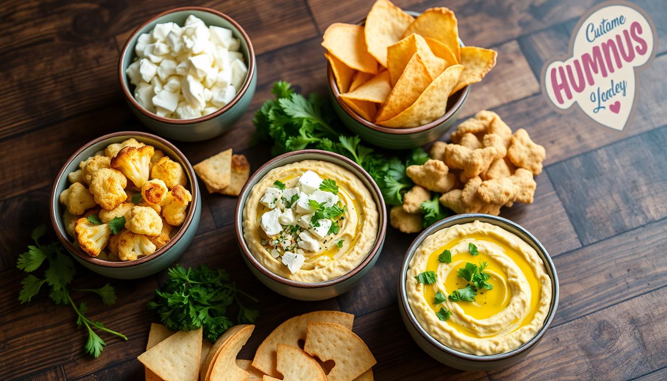 A vibrant arrangement of freshly prepared hummus bowls, set against a rustic wooden backdrop. The bowls are filled with creamy, aromatic hummus, topped with a variety of colorful and flavorful garnishes - roasted cauliflower florets, crunchy pita chips, tangy feta crumbles, vibrant chopped parsley, and a drizzle of fragrant olive oil. The lighting is soft and natural, casting a warm glow on the scene, inviting the viewer to customize and enjoy this delicious, nourishing meal. The overall composition is simple yet visually appealing, showcasing the versatility and adaptability of this veggie-packed dish.