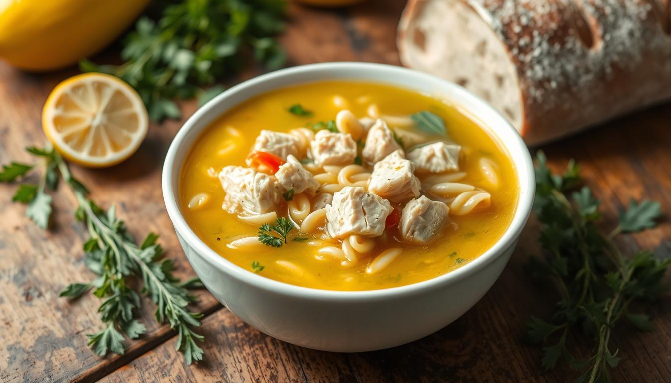 A steaming bowl of lemon chicken orzo soup sits on a rustic wooden table, surrounded by fresh herbs, a lemon wedge, and a crusty bread loaf. The soup's golden broth glistens in the soft, warm lighting, revealing tender chicken pieces, plump orzo pasta, and vibrant vegetables. The scene has a cozy, homemade atmosphere, inviting the viewer to savor the comforting, flavorful dish. The camera angle is slightly elevated, capturing the soup's depth and the table's textures. The overall mood is one of nourishment and culinary delight.