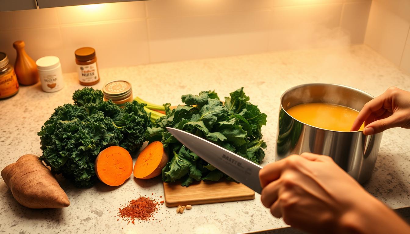 A spacious kitchen countertop, illuminated by soft, warm overhead lighting. On the counter, an assortment of fresh ingredients - a bundle of vibrant kale, a sweet potato, peanut butter, spices, and a simmering pot of broth. A sharp chef's knife slices through the sweet potato, revealing its orange flesh. Steam rises from the pot as the soup comes together, the aroma of peanuts and spices filling the air. The scene conveys a sense of focused, unhurried preparation, with the cook's hands skillfully guiding the process. The overall mood is one of comfort and nourishment, inviting the viewer to imagine the satisfying bowl of soup soon to be served.