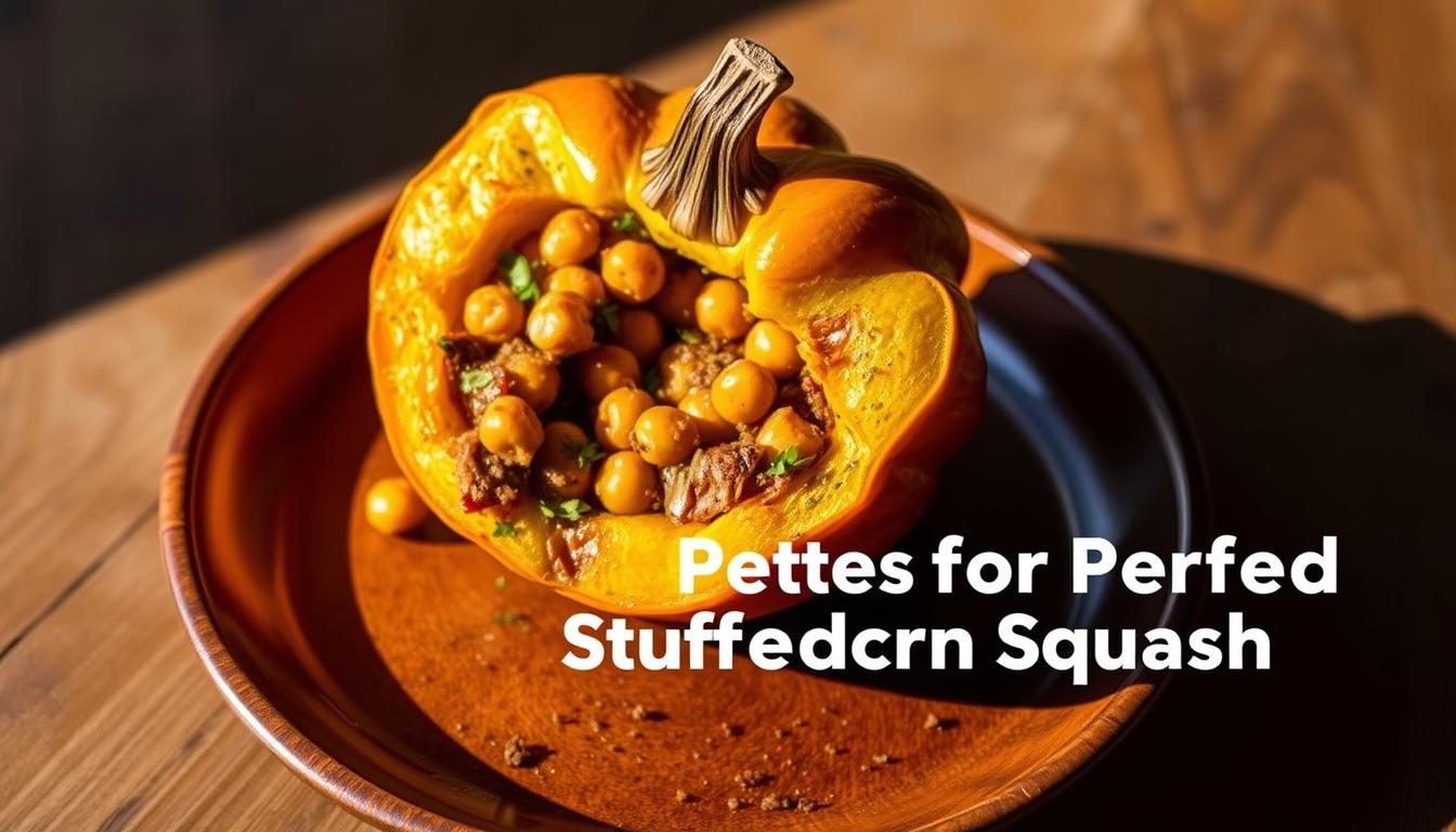 A beautifully plated, golden-brown stuffed acorn squash takes center stage, its flesh scooped out and filled with a savory mixture of chickpeas, aromatic herbs, and spices. The squash sits atop a rustic wooden surface, casting soft shadows that add depth and dimension to the scene. Warm, directional lighting illuminates the dish, highlighting the intricate textures and vibrant colors. The image conveys a cozy, inviting atmosphere, perfectly complementing the &quot;Chef's Tips for Perfect Stuffed Acorn Squash&quot; section of the article.