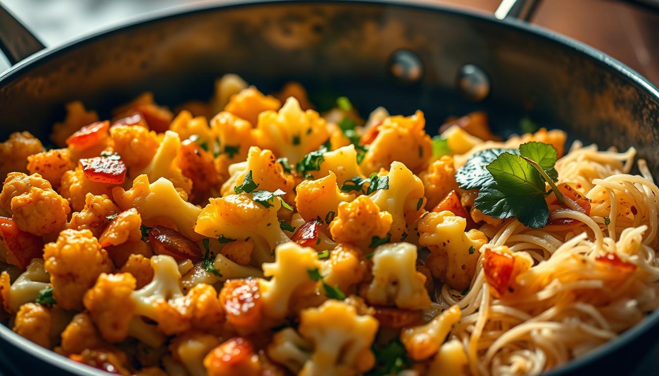 Delicious cauliflower florets stir-fried to perfection in a vibrant, glistening pan. Three distinct variations showcased side-by-side: a savory garlic-ginger blend, a zesty lemon-herb medley, and a fragrant coconut-curry fusion. Vibrant colors pop under warm, diffused lighting, captured at a high angle to highlight the varied textures and enticing aromas. The scene exudes an air of rustic sophistication, inviting the viewer to envision drizzling each version over a bed of fluffy white rice or noodles. The overall composition is balanced, drawing the eye to the delectable cauliflower dishes in the foreground.