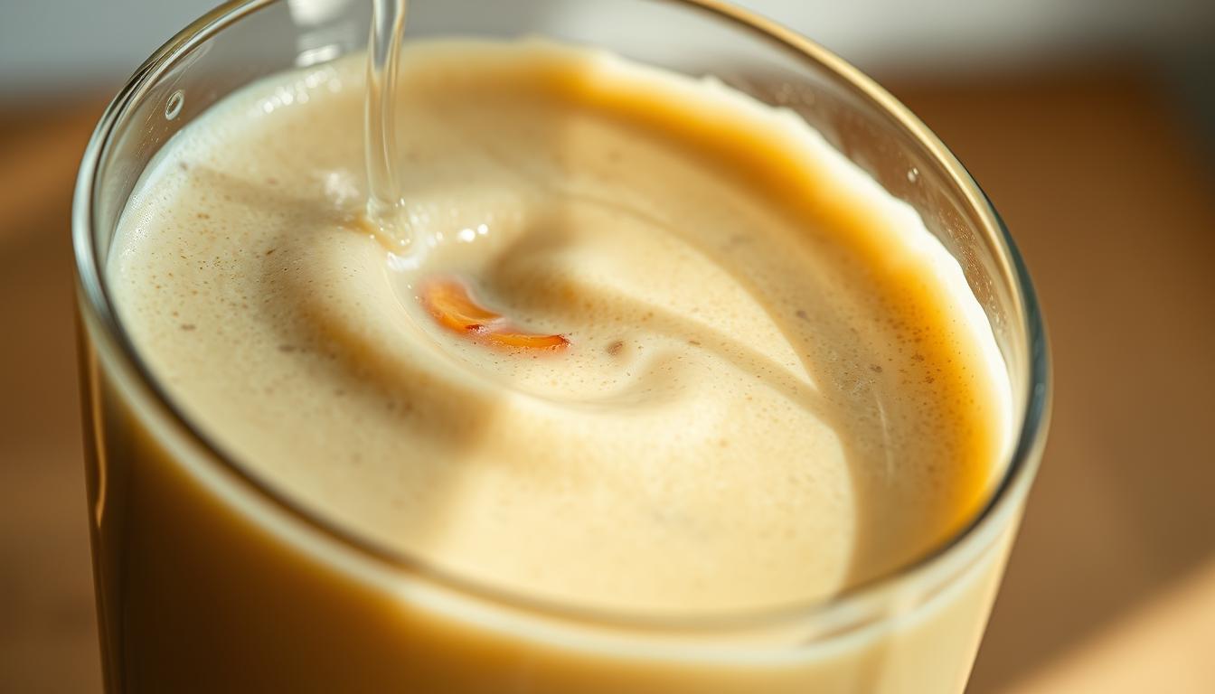 Smoothie texture techniques: a close-up view of a luscious, creamy smoothie swirling in a glass container, illuminated by soft, natural lighting. The foreground showcases the velvety, blended consistency, with hints of vibrant fruit and vegetable ingredients visible within the mixture. The middle ground reveals the transparent glass walls, capturing the drink's mesmerizing flow and depth. The background fades into a subtly blurred, minimalist setting, allowing the viewer to focus on the smoothie's enticing qualities and inviting texture.