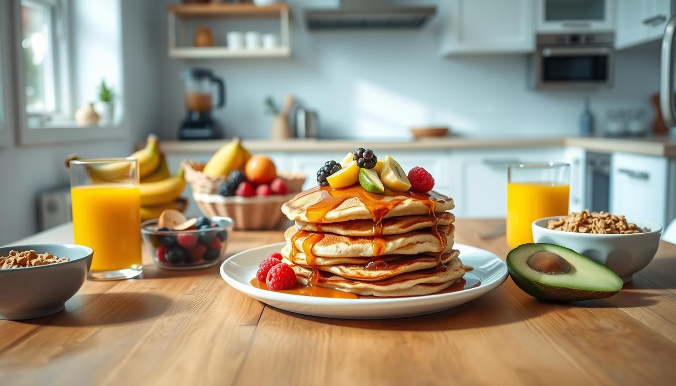 A bright, cheerful kitchen scene with a wooden table in the foreground, showcasing a variety of quick, gluten-free breakfast items. In the center, a plate holds a stack of fluffy gluten-free pancakes, drizzled with maple syrup and garnished with fresh berries. Surrounding the plate, there are bowls of granola, sliced avocado, and a glass of freshly squeezed orange juice. The middle ground features a countertop with a blender, a toaster, and a basket of fresh produce, like bananas and kiwi. The background depicts an airy, sun-lit kitchen, with natural light streaming through the windows. The overall mood is crisp, clean, and inviting, capturing the essence of a nourishing, on-the-go gluten-free breakfast.