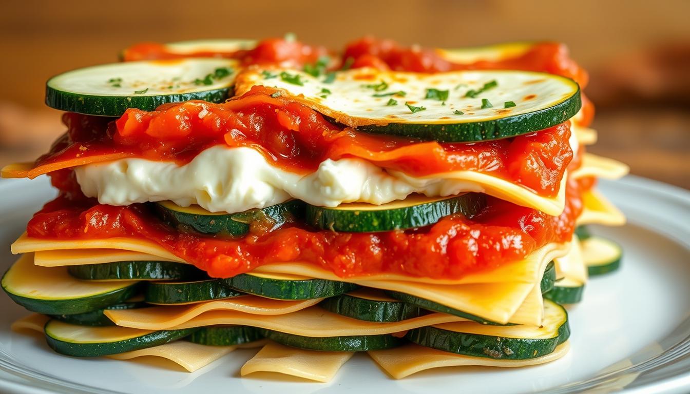 A stunningly layered zucchini lasagna, showcasing the intricate assembly. In the foreground, zucchini slices are neatly arranged, interspersed with creamy ricotta and mozzarella cheeses. The middle layer features a vibrant tomato sauce, simmered to perfection, blanketing the zucchini. In the background, delicate lasagna noodles provide a sturdy foundation, while a light sprinkling of fragrant herbs adds depth and flavor. Captured in warm, natural lighting, the image exudes a rustic, homemade charm, inviting the viewer to savor the harmonious blend of textures and flavors. The overall composition highlights the step-by-step assembly, guiding the reader through the process of crafting this delicious and healthy zucchini lasagna.