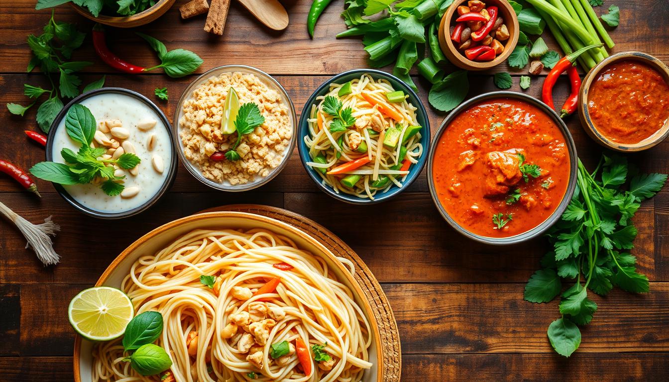A vibrant overhead shot of an assortment of vegetarian pad thai variations arranged on a rustic wooden table. In the foreground, a steaming plate of classic pad thai with rice noodles, crisp bean sprouts, crunchy peanuts, and a squeeze of fresh lime. In the middle ground, a rainbow of alternate pad thai incarnations - a creamy coconut-based version, a vibrant green papaya salad take, and a fiery red curry rendition. The background features an array of fresh herbs, sliced chilies, and other Thai condiments, bathed in warm, soft lighting that highlights the textures and colors. The overall scene conveys a sense of authentic, homemade Thai cuisine, perfect for a healthy, meat-free take on this beloved noodle dish.