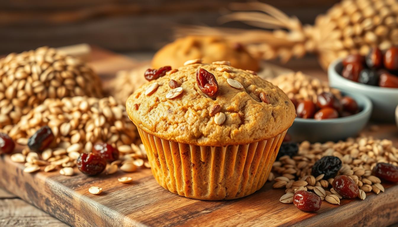 A vibrant still life showcasing the wholesome goodness of whole grains. In the foreground, a muffin freshly baked, its golden crust dotted with oats and wheat kernels, emitting a comforting aroma. Surrounding it, an array of whole grain ingredients - rolled oats, cracked wheat, and plump raisins, conveying a sense of rustic, natural beauty. The midground features a wooden board, its weathered surface highlighting the earthy tones of the grains. Soft, natural lighting casts a warm glow, casting gentle shadows and enhancing the textural details. The background suggests a cozy, homely kitchen, hinting at the nourishing, homemade qualities of the whole grain muffin. An image that celebrates the inherent goodness and wholesome appeal of whole grain baking.