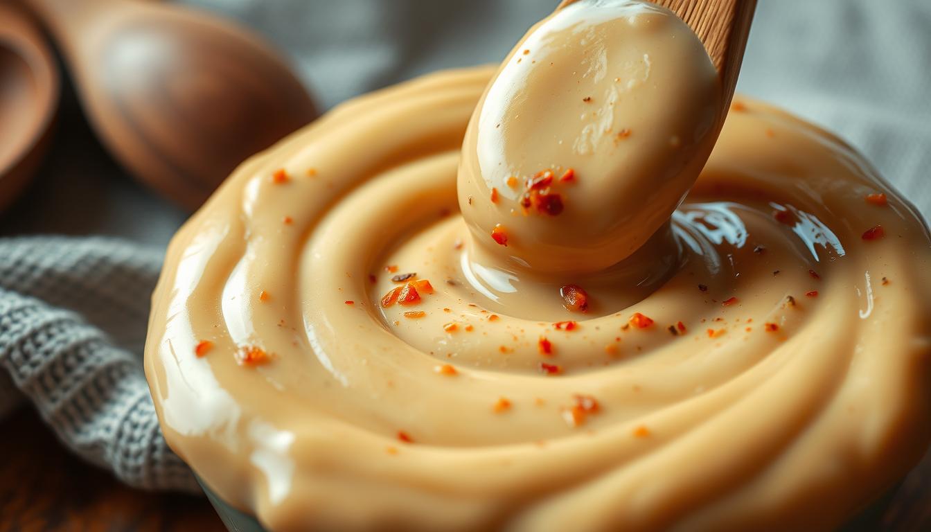 A creamy, rich peanut sauce glistening with vibrant spices, swirling against a backdrop of wooden spoons and a textured kitchen towel. The sauce's velvety consistency is captured in natural lighting, emphasizing its luscious, appetizing appearance. The composition showcases the sauce's versatility, hinting at its potential as a flavorful accompaniment to a soba noodle salad. Warm tones and a slightly blurred, soft-focus effect create an inviting, homely atmosphere, conveying the comforting nature of this homemade condiment.