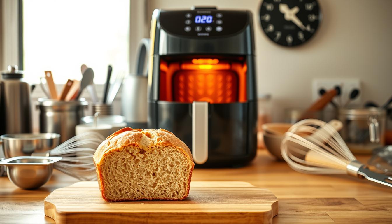 A well-equipped kitchen counter, with various baking tools and ingredients meticulously arranged. In the foreground, a golden-brown gluten-free loaf of bread sits on a wooden cutting board, its texture and crumb visible. Surrounding it, a scattered assortment of measuring cups, whisks, and a digital food scale, hinting at the process of perfecting the recipe. In the middle ground, a sleek air fryer stands prominently, its interior illuminated, showcasing the successful application of this technique. The background is softly blurred, creating a sense of focus on the central elements. Warm, natural lighting casts a comforting glow, highlighting the care and attention taken in troubleshooting gluten-free baking.