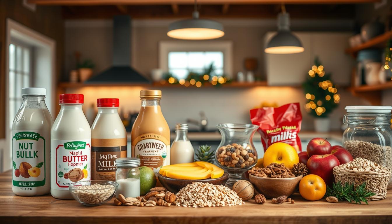 A cozy, warmly lit kitchen scene with an assortment of baking substitutes artfully arranged on a wooden countertop. In the foreground, a variety of plant-based milk alternatives, nut butters, and natural sweeteners like maple syrup and agave nectar. In the middle ground, an array of fresh fruits, nuts, and grains such as oats, quinoa, and buckwheat. In the background, a glimpse of a stylish, minimalist kitchen, softly illuminated by overhead lamps. The overall mood is one of creativity, health, and festive holiday spirit.