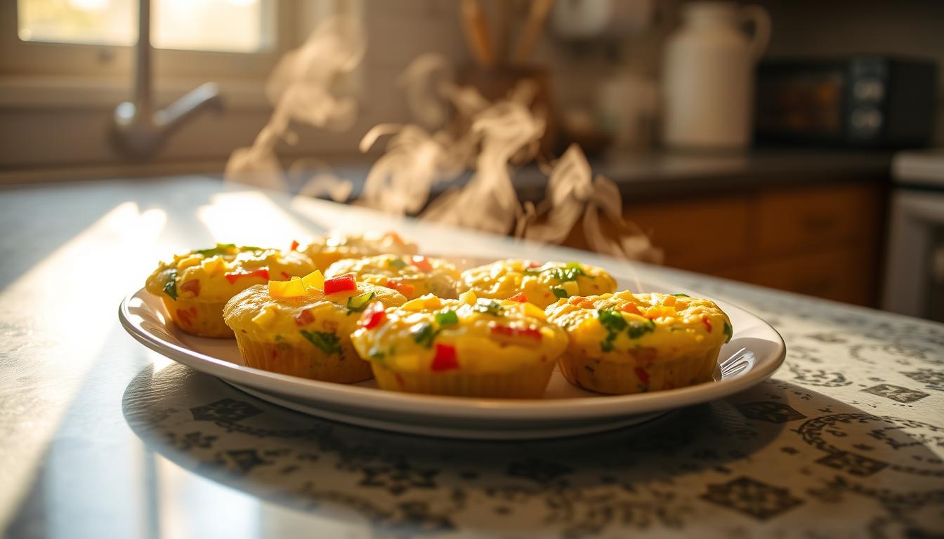 A cozy kitchen countertop with a plate of freshly reheated egg muffins, steaming gently. The muffins are golden-brown, studded with colorful diced vegetables like bell peppers, spinach, and onions. Warm natural light streams in through a nearby window, casting a soft glow on the scene. The muffins are arranged neatly, ready to be enjoyed as a delicious and nutritious breakfast. The atmosphere is inviting, with a hint of breakfast aroma in the air, perfectly capturing the &quot;Storage and Reheating Guide&quot; section of the &quot;Easy Egg Muffins with Veggies - A Tasty Breakfast&quot; article.