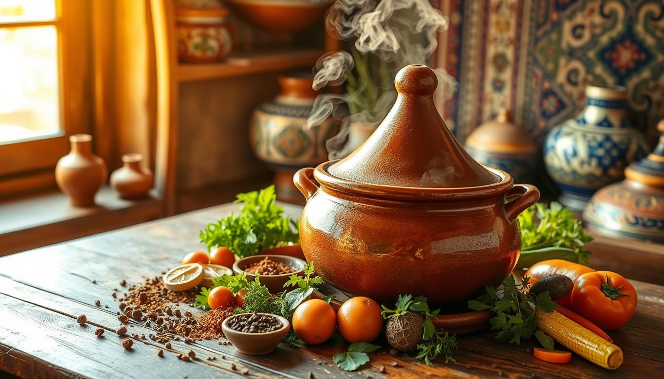 A large traditional Moroccan clay tagine pot sits on a wooden table, surrounded by aromatic spices, fresh herbs, and vibrant vegetables. The pot is steaming, revealing the rich, fragrant stew within. Warm, golden light filters through a window, casting a cozy glow over the scene. In the background, intricately patterned textiles and pottery pieces evoke the cultural heritage of Moroccan cuisine. The overall composition conveys the authenticity, complexity, and sensory delights of preparing an authentic Moroccan tagine dish at home.