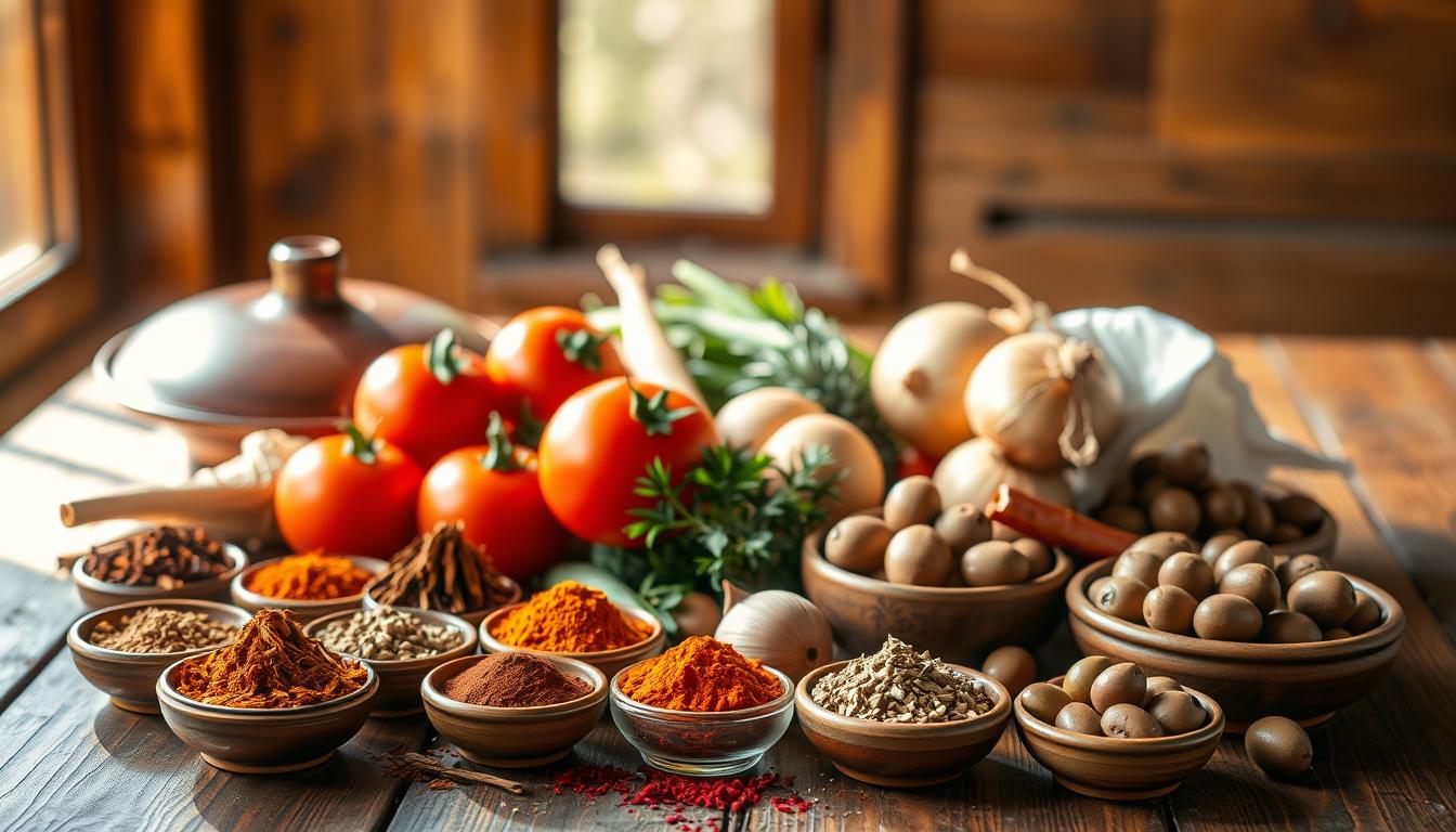 A bountiful still life of traditional Moroccan tagine ingredients, illuminated by warm natural light streaming through a window. In the foreground, a vibrant array of colorful spices - cumin, cinnamon, paprika, saffron, and more - neatly arranged in small ceramic bowls. In the middle ground, a collection of fresh produce - juicy tomatoes, fragrant onions, earthy potatoes, and succulent olives - carefully selected for the perfect tagine. The background features a rustic wooden table, its worn surface complementing the rich hues of the ingredients. The overall scene conveys the essence of Moroccan culinary tradition, inviting the viewer to imagine the authentic flavors and aromas of a homemade tagine.