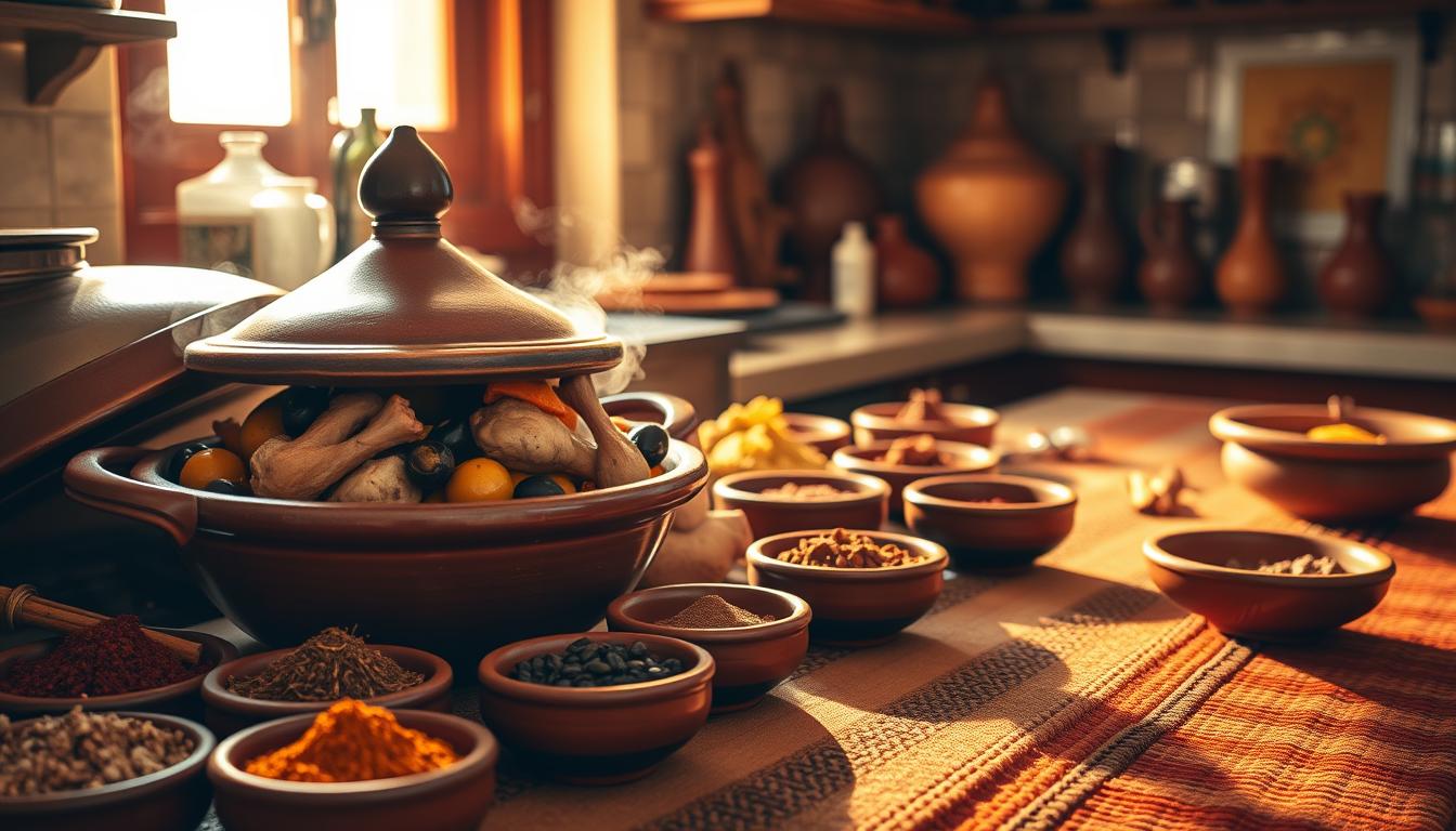 A sunlit kitchen counter overflowing with the vibrant colors and aromatic spices of an authentic Moroccan tagine. In the foreground, a large clay tagine pot steams with a fragrant mix of saffron-tinged chicken, tender vegetables, and olives. Surrounding it, an array of spices in earthenware bowls - cumin, cinnamon, ginger, paprika - their textures and hues creating a rich tapestry. In the middle ground, a thick, hand-woven rug in warm ochres and terracotta tones, adding depth and cultural context. The background features a window letting in soft, golden light, illuminating the scene with a sense of comfort and tradition. The overall mood is one of authenticity, inviting the viewer to imagine the comforting flavors and aromas of a true Moroccan tagine.