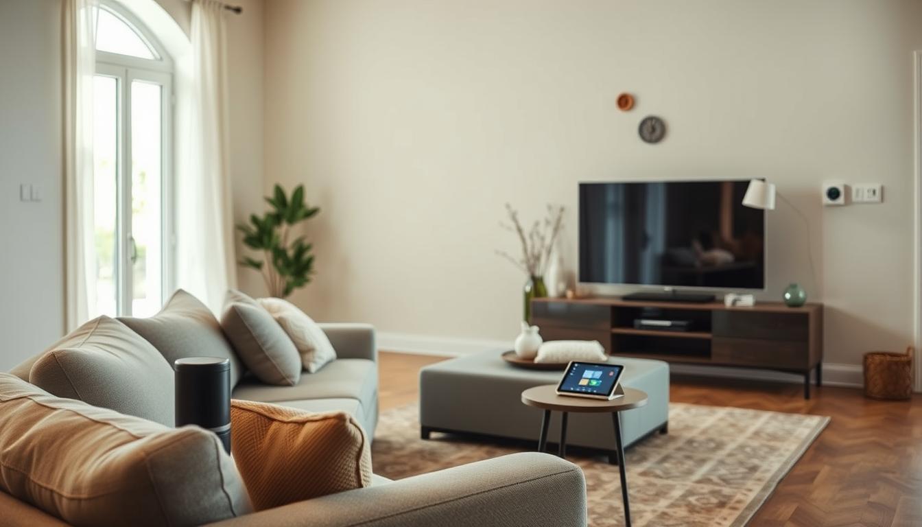 A cozy living room with a budget-friendly smart home setup. In the foreground, a minimalist sofa and a small side table with a smart speaker and a tablet. In the middle ground, a media cabinet with smart plugs and a smart thermostat. The background features simple wall decor and a large window letting in natural light. The whole scene has a warm, inviting atmosphere created by subtle ambient lighting and muted tones. The overall impression is of a practical, cost-effective smart home without compromising style.