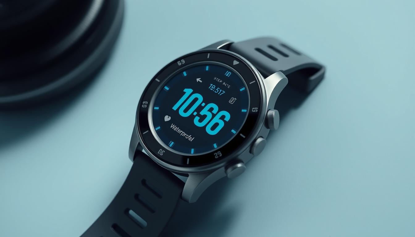 A high-resolution, close-up image of a waterproof smartwatch with various fitness tracking features displayed in a clean, minimalist style. The watch face should be the primary focus, showcasing a digital display with heart rate, step count, and swim activity data. The watch casing should have a sleek, durable design with visibly waterproof buttons and a scratch-resistant sapphire crystal. The background should be a solid, muted color that complements the watch's aesthetic. Lighting should be soft and even, highlighting the watch's key details. The image should convey a sense of simplicity, functionality, and high-end craftsmanship suitable for a premium smartwatch targeted at active swimmers.