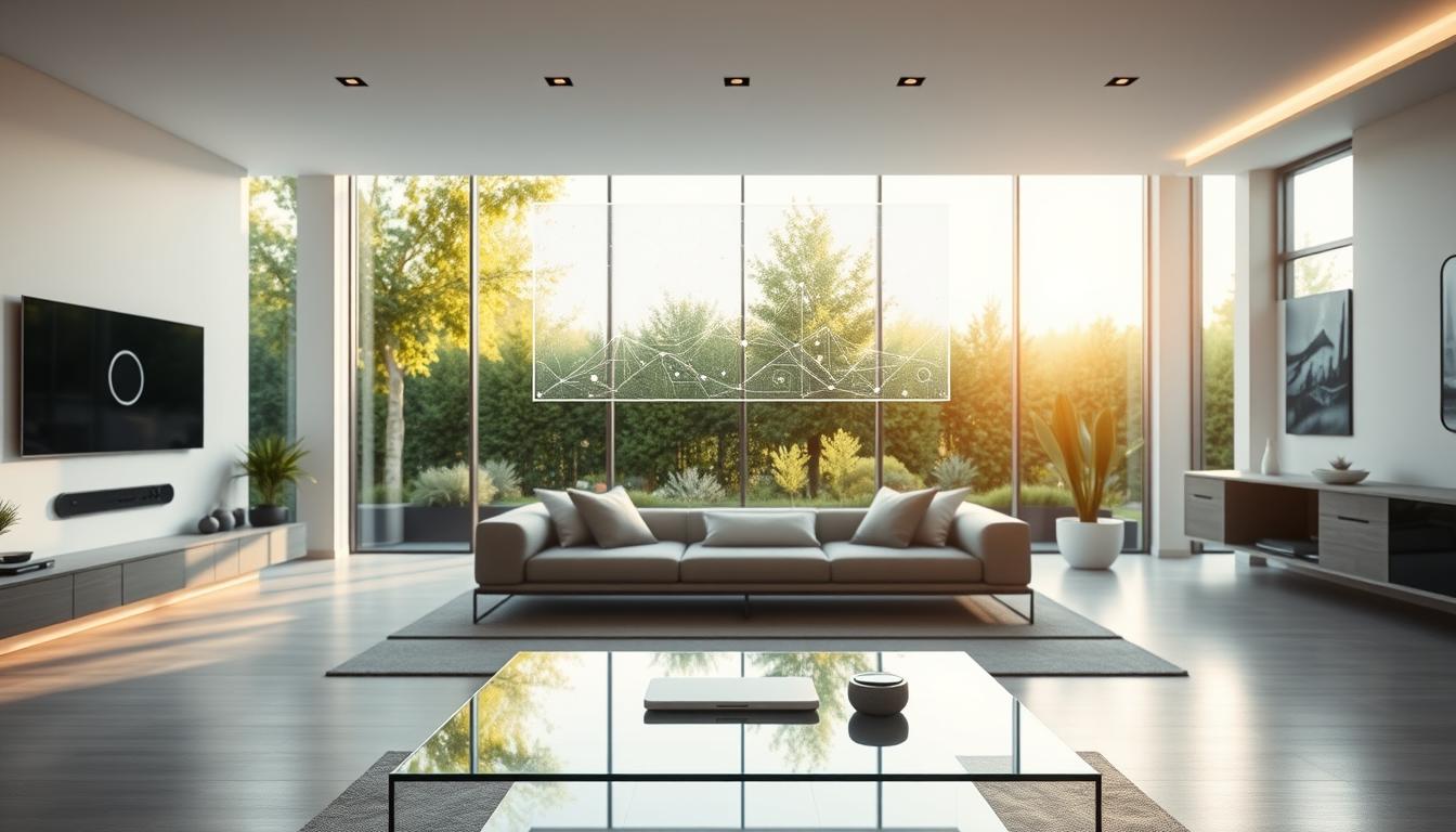 A modern, minimalist smart home interior with sleek, futuristic technology. In the foreground, a panoramic view of a spacious open-plan living room, with a floating holographic display interface hovering above a glass coffee table. In the middle ground, a wall-mounted touchscreen control panel and smart home assistants seamlessly blended into the decor. The background features large windows overlooking a lush, verdant garden, bathed in warm, natural lighting. The overall atmosphere is one of effortless connectivity, efficiency, and harmony between technology and nature.