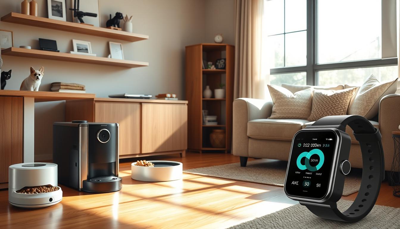 A cozy, well-lit home interior with an array of smart home devices tailored for pet owners. Sleek, modern pet cameras discreetly perched on shelves, monitoring the living room from multiple angles. A robotic pet feeder dispensing kibble on a programmed schedule. A smart pet door automatically unlocking when a pet's collar approaches. In the background, a smartwatch display shows real-time pet activity and health metrics. Warm hardwood floors, neutral tones, and natural lighting create an inviting, comfortable atmosphere. The devices blend seamlessly into the stylish, minimalist decor, reflecting the needs of attentive, tech-savvy pet owners.