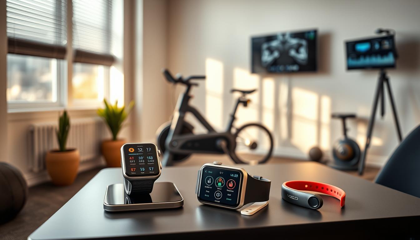 A well-lit, contemporary home gym featuring an assortment of high-tech fitness gadgets arranged on a sleek, minimalist table. In the foreground, a smartwatch with a customizable fitness tracking interface, a digital scale, and a heart rate monitoring wristband. In the middle ground, a futuristic exercise bike with a large, interactive display and ergonomic design. In the background, a wall-mounted, full-body scanning device, and a virtual reality headset for immersive workout experiences. The overall atmosphere is one of advanced, interconnected technology empowering weight loss and muscle building goals.