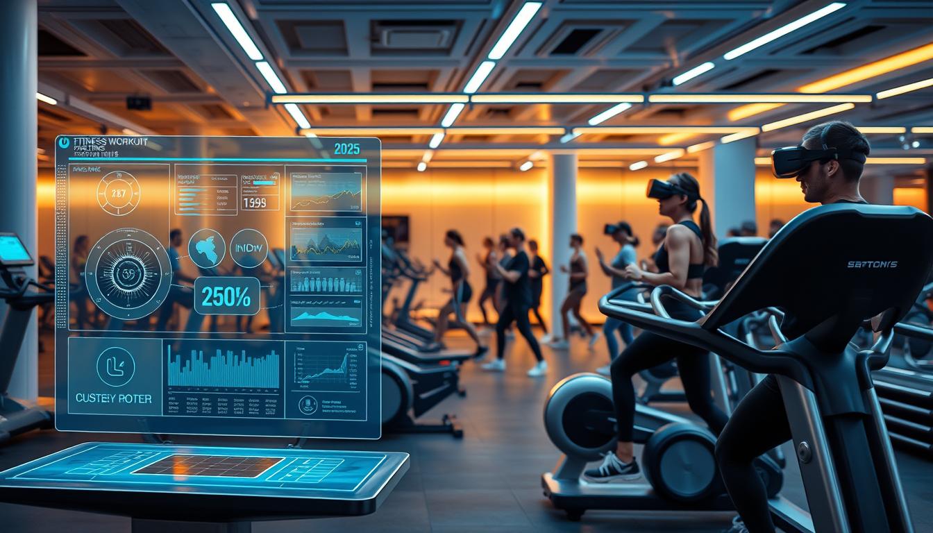 A state-of-the-art fitness center in 2025, showcasing cutting-edge gym technology. In the foreground, a sleek, holographic display depicts customized workout routines and real-time biometric data. Surrounding it, a collection of futuristic exercise machines, each with interactive touch panels and integrated virtual reality headsets. The middle ground features a group of athletes engaged in a high-intensity interval training session, their movements tracked by a network of motion sensors. In the background, the gym is bathed in a warm, ambient glow, with intelligent lighting systems adjusting to optimize the exercisers' focus and energy levels. The overall atmosphere exudes a sense of innovation, efficiency, and personalized wellness.