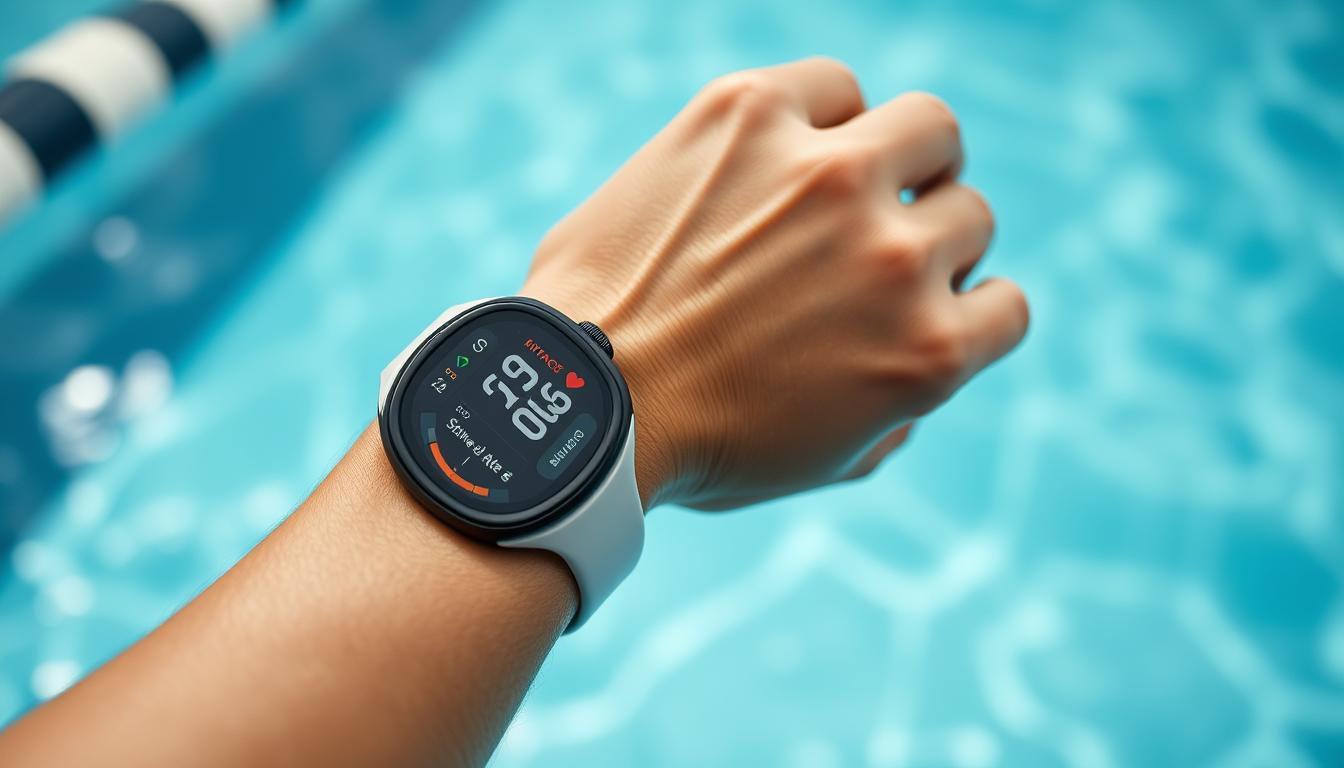 A close-up view of a swimmer's wrist, showcasing a sleek, waterproof smartwatch with a bright, high-resolution display. The watch face is dominated by a variety of fitness tracking metrics, including swimming distance, stroke rate, heart rate, and calorie burn. The band is made of a durable, flexible material that seamlessly integrates with the swimmer's skin, creating a comfortable and streamlined fit. The background is blurred, with glimpses of a swimming pool's edge and crystalline water, emphasizing the device's purpose and the importance of specialized swim tracking technology for serious athletes and fitness enthusiasts.