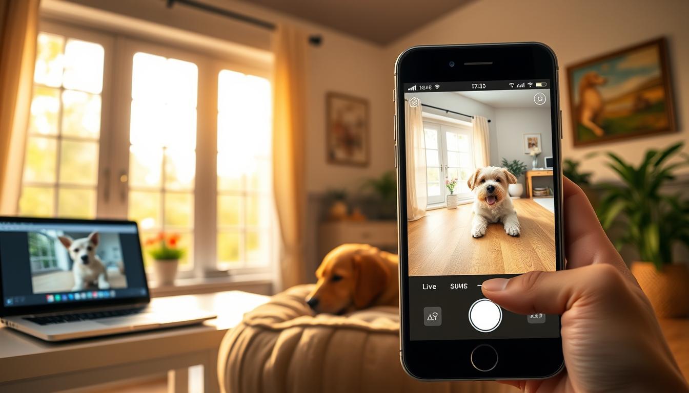 A well-lit home interior with a laptop on a desk and a smartphone displaying live video feed from a pet camera. The pet, a playful dog or cat, is resting comfortably on a plush pet bed in the foreground. The room is bathed in warm, natural lighting from a large window, creating a cozy, inviting atmosphere. The image conveys the benefits of remote pet monitoring, allowing the pet owner to check on their beloved companion while away from home, ensuring their safety and well-being.