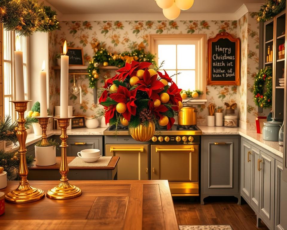 Christmas kitchen decor with gold accents