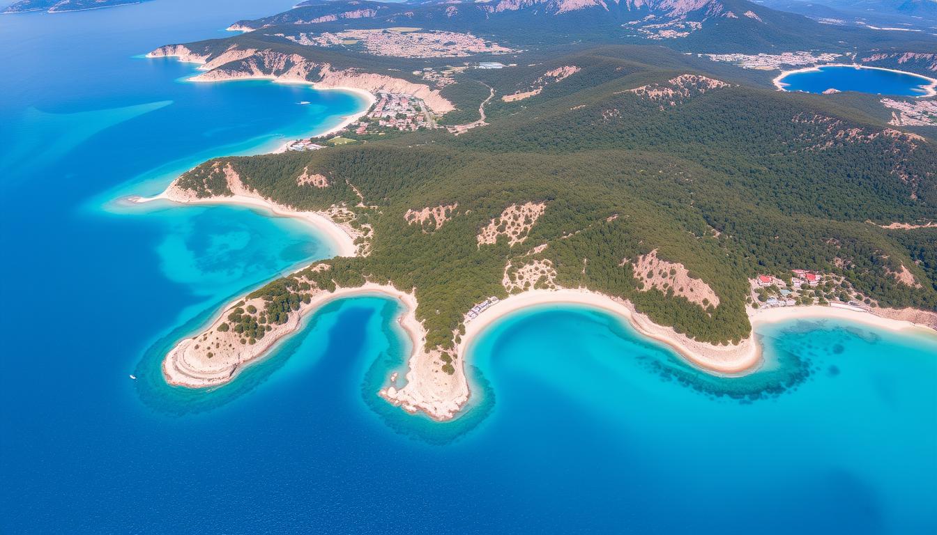 Panoramablick auf die drei Halbinseln von Chalkidiki mit türkisfarbenem Wasser