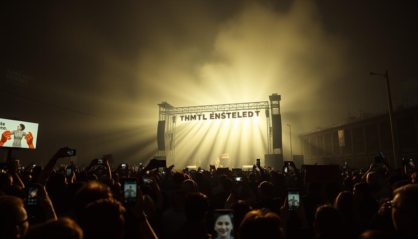 A gritty, cinematic depiction of a social media protest video, captured with a wide-angle lens and dramatic lighting. The foreground features a crowd of protesters, their faces illuminated by the glow of smartphones as they record and share the event. In the middle ground, a towering stage displays slogans and banners, casting long shadows across the scene. The background is shrouded in a hazy, urban atmosphere, with the silhouettes of buildings and infrastructure hinting at the broader context of the protest. The overall mood is one of raw energy, resistance, and the power of digital activism to amplify social movements.