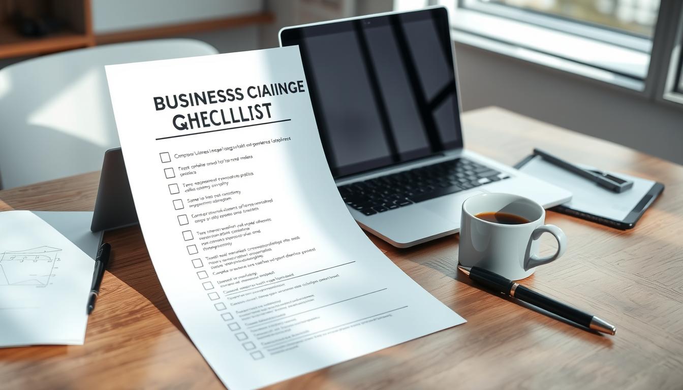 A neatly organized business compliance checklist set against a clean, professional office backdrop. The checklist is displayed on a wooden desk, with a modern laptop, a cup of coffee, and a pen nearby, conveying a sense of diligence and attention to detail. Soft, directional lighting casts subtle shadows, creating depth and highlighting the textures of the materials. The overall mood is one of thoughtfulness and responsibility, reflecting the importance of maintaining legal compliance in the business world.