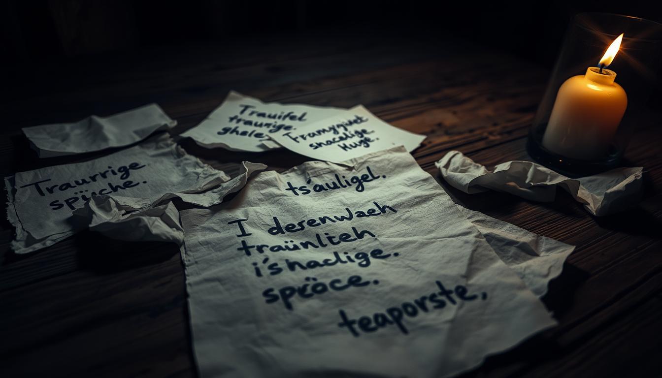 A moody, dimly lit scene featuring handwritten &quot;traurige sprüche&quot; or &quot;sad phrases&quot; scribbled on crumpled, tear-stained paper. The paper is scattered across a worn wooden table, casting soft shadows in the muted light. A single candle flickers nearby, its warm glow reflecting off the ink. The atmosphere is melancholic, evoking a sense of loneliness and emotional turmoil. The camera angle is slightly elevated, creating a pensive, introspective mood. The composition emphasizes the contrast between the fragility of the paper and the solidity of the table, mirroring the dichotomy of the sarcastic-yet-melancholy phrases.