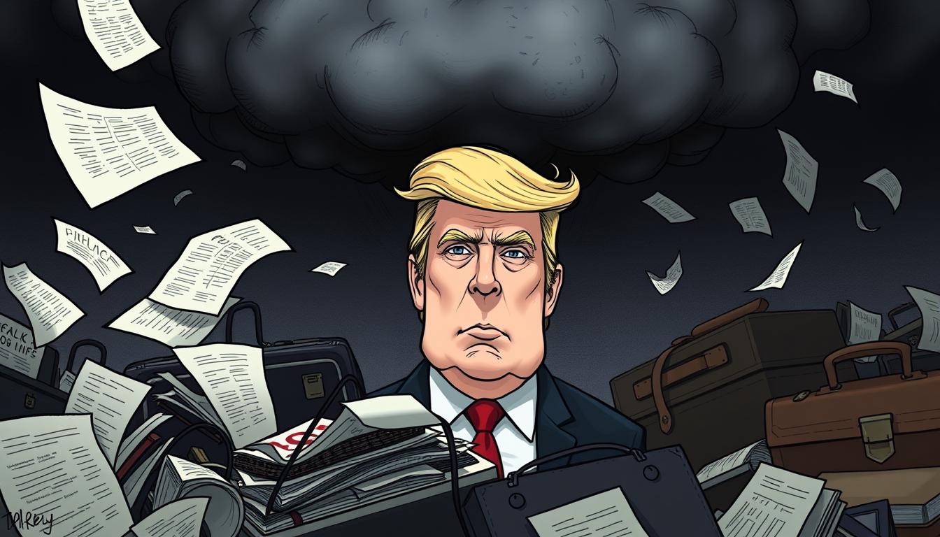 A gloomy, shadowy backdrop depicts the Trump Organization's legal controversies, casting a dark cloud over the presidency. In the foreground, documents and courtroom sketches swirl amidst a tangle of legal files and briefcases, hinting at the complex web of investigations and lawsuits. The middle ground features a stern-faced Trump, his expression conveying a sense of unease and legal jeopardy. Lighting casts dramatic shadows, creating an ominous atmosphere that reinforces the weight of the organization's legal troubles. The scene is captured through a wide-angle lens, emphasizing the scale and significance of the controversies.