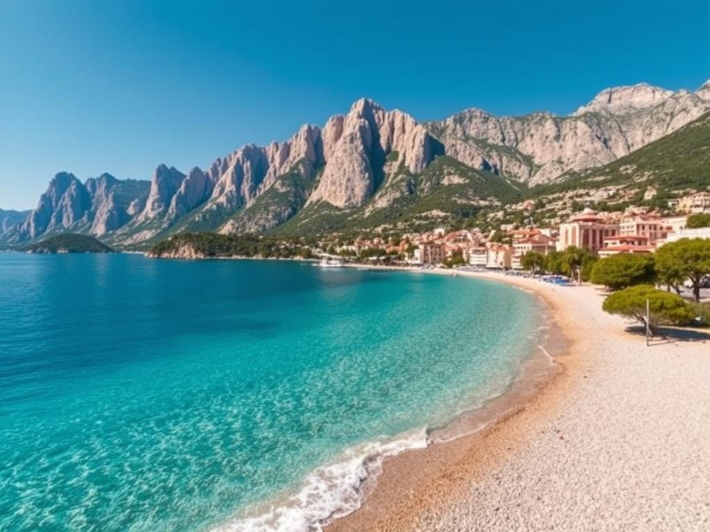 Blick auf die Makarska Riviera mit Stränden und dem Biokovo-Gebirge im Hintergrund - Urlaub in Dalmatinien