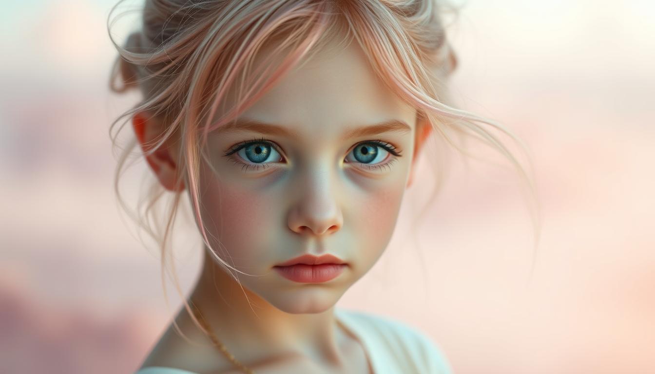A young girl with striking features, Exa Dark Sideræl, the daughter of Grimes and Elon Musk, stands in a serene, ethereal setting. Bathed in soft, diffused lighting, her porcelain skin and striking, otherworldly gaze captivate the viewer. Delicate strands of her vibrant, iridescent hair frame her face, evoking a sense of mystery and enchantment. The background is a dreamlike, abstract landscape, with hazy, pastel-hued tones that create a sense of tranquility and wonder. The overall composition is harmonious and visually striking, inviting the viewer to ponder the unique and fascinating life of this young, enigmatic individual.