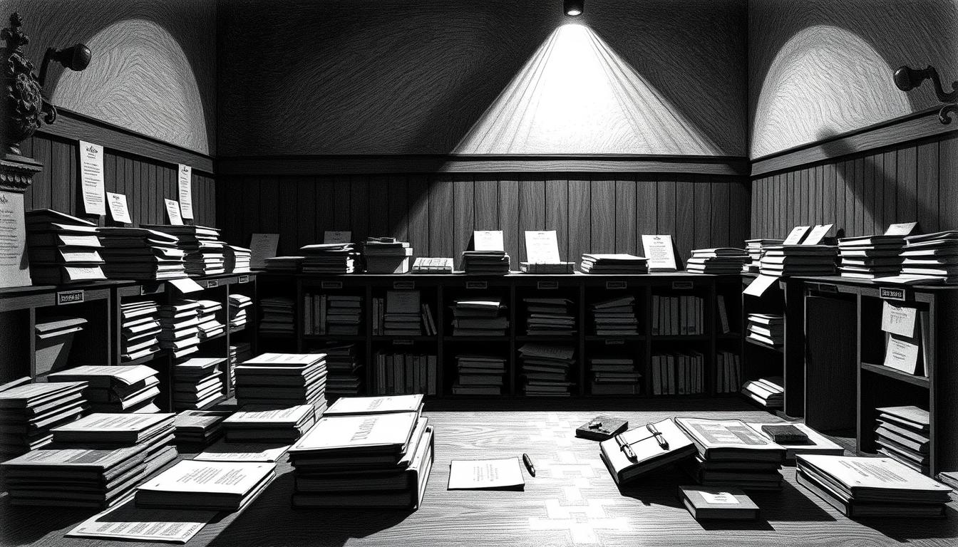 A somber courtroom scene, illuminated by a single spotlight, showcases an array of meticulously organized evidence. Folders, documents, and files, each item a silent witness to the unfolding "Reichsbürgerprozess" saga. The monochromatic palette, with pops of color in specific details, lends an air of gravity and solemnity to the proceedings. Shadows cast by the evidence create a sense of depth, while the precise arrangement conveys a sense of methodical investigation. The overall tone is one of seriousness and attention to detail, reflecting the gravity of the "Beweislage und Zeugenaussagen" at the heart of this trial.