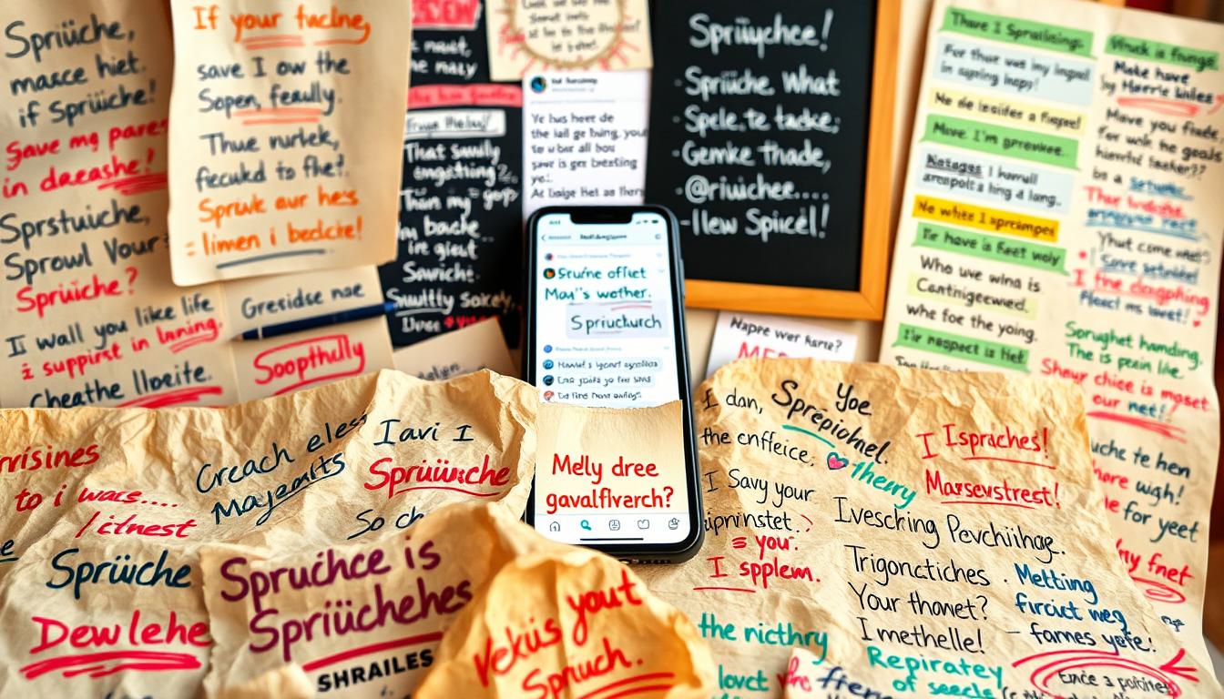 A vibrant collage of handwritten &quot;Sprüche&quot; (witty sayings) on various surfaces - crumpled paper, chalkboards, and smartphone screens. The foreground features a colorful assortment of whimsical, humorous phrases scribbled in a variety of fonts and styles, conveying a playful, relatable mood. The middle ground showcases the digital representation of these &quot;Sprüche&quot; shared across messaging apps, while the background hints at the inspiration sources - an inspirational moodboard, a writer's desk, or a cozy living room setting. Warm, natural lighting casts a cozy glow, and the composition is framed from a slightly elevated, eye-level perspective to engage the viewer. The overall scene captures the essence of finding and sharing amusing, shareable &quot;Sprüche&quot; in the modern digital landscape.