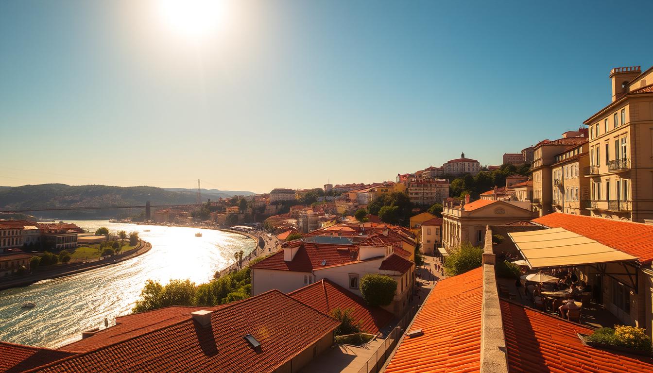 A sun-drenched afternoon in the heart of Porto, Portugal, in the warmth of July. The Douro River winds its way through the picturesque cityscape, its sparkling waters reflecting the brilliant golden rays from an azure sky. Terracotta-tiled rooftops and weathered facades of historical buildings line the riverbanks, casting long shadows across the cobblestone streets. Locals and tourists alike bask in the abundant sunlight, strolling along the promenade or relaxing in outdoor cafes. The lush greenery of gardens and parks provides a soothing contrast to the vibrant, sun-kissed atmosphere. Capture the essence of a perfect summer day in this vibrant, Mediterranean-influenced city.