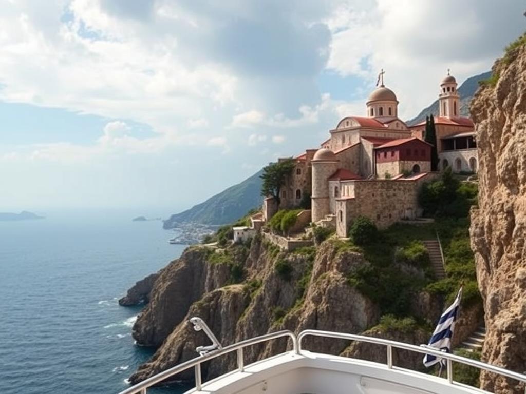 Klöster am Berg Athos mit Blick auf das Ägäische Meer