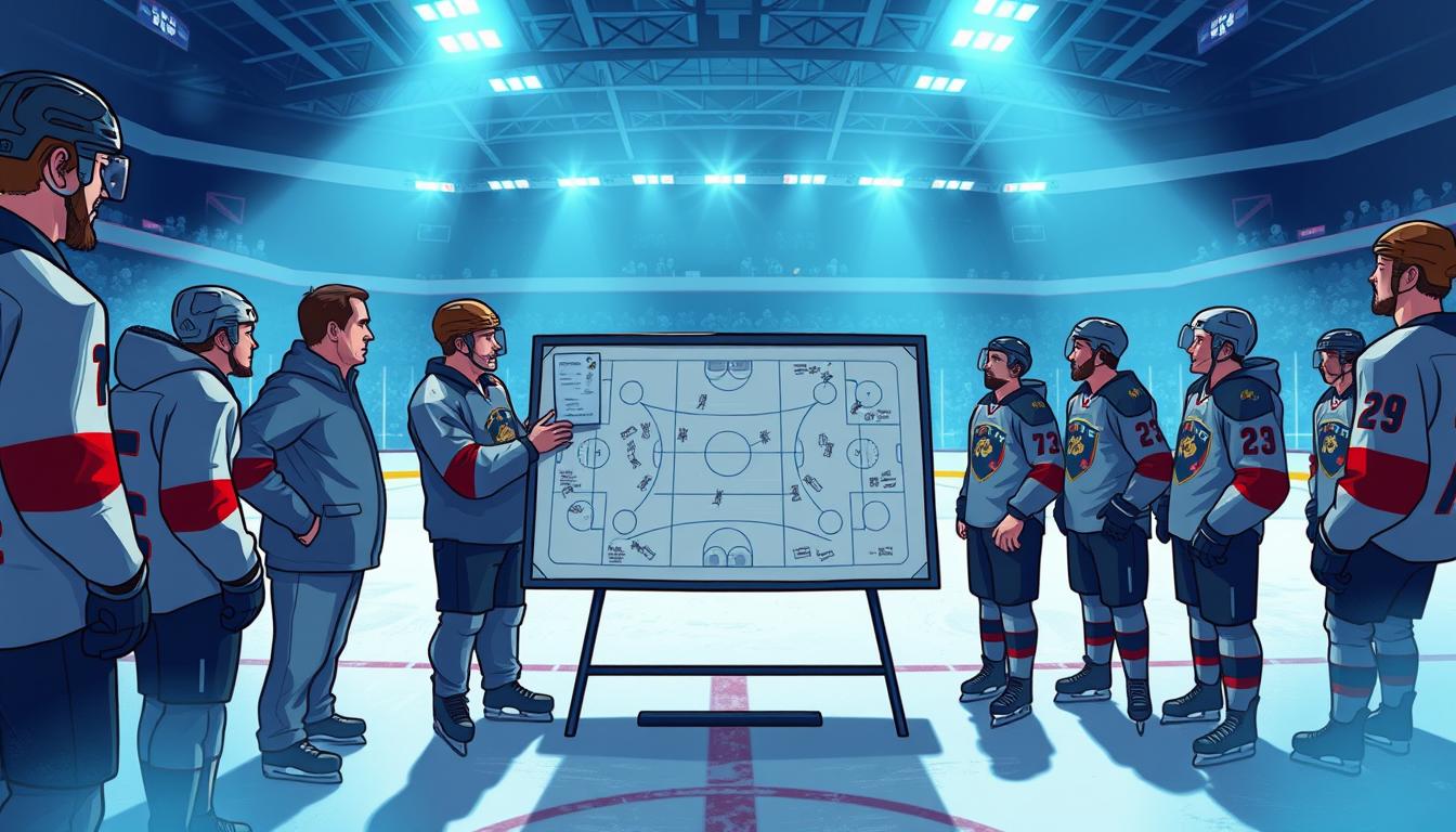 A panoramic view of a hockey rink, with the players and coaching staff of the Panthers team gathered around a tactically designed whiteboard. The coaches stand in the foreground, deep in discussion, their hands gesturing as they outline intricate plays and strategies. In the middle ground, the players listen intently, their faces etched with determination. The rink's bright lighting casts a focused glow, accentuating the intensity of the moment. The background fades into a hazy, ice-blue hue, conveying the chill of the arena and the high stakes of the game. The overall scene exudes a sense of purposeful preparation, as the Panthers' coaching staff meticulously plan their path to a second consecutive Stanley Cup triumph.
