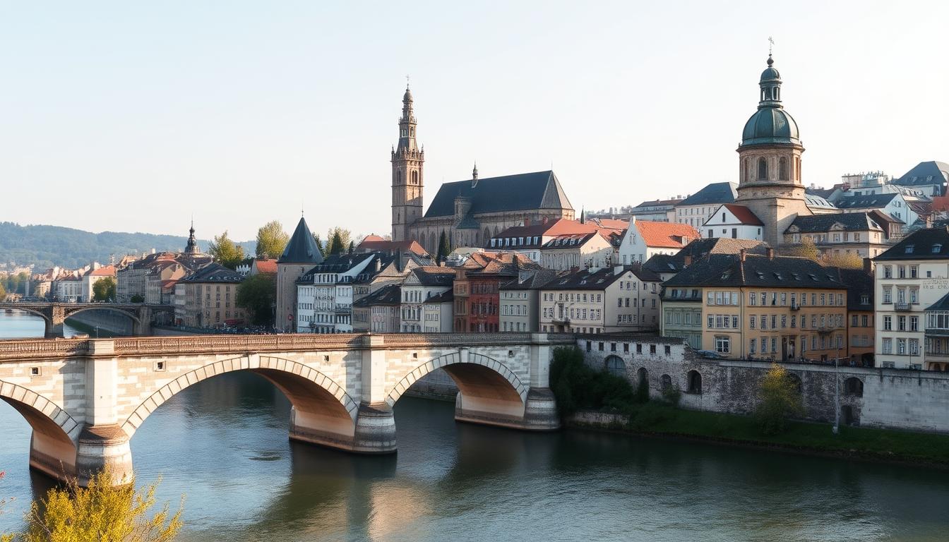 Panorama der Altstadt von Regensburg mit Dom und Steinerner Brücke